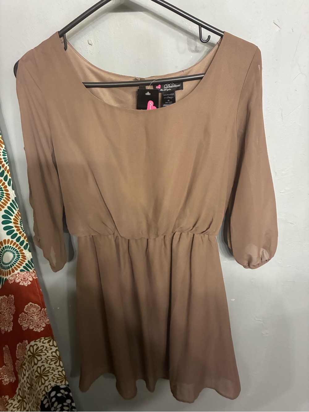 Women’s Long Sleeve Taupe Chiffon Dress with Elastic Waist